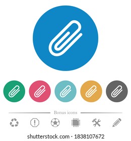 Attachment flat white icons on round color backgrounds. 6 bonus icons included.