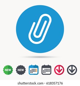 Attachment icon. Paper clip symbol. Calendar, download arrow and new tag signs. Colored flat web icons. Vector