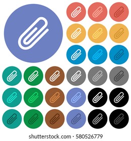 Attachment multi colored flat icons on round backgrounds. Included white, light and dark icon variations for hover and active status effects, and bonus shades on black backgounds.