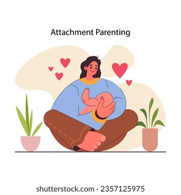 Attachment parenting. Secure attachment style in parents and kid relationship. Parental empathy, responsiveness and closeness. Young mother holding a newborn. Flat vector illustration