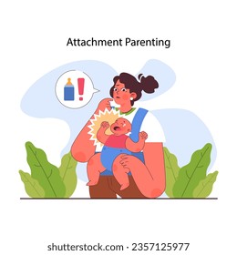 Attachment parenting. Secure attachment style in parents and kid relationship. Parental empathy, responsiveness and closeness. Young mother holding a newborn. Flat vector illustration