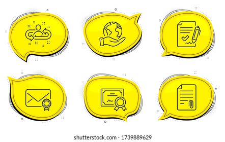 Attachment sign. Diploma certificate, save planet chat bubbles. Verified mail, Recruitment and Approved agreement line icons set. Confirmed e-mail, Manager change, Signature document. Vector