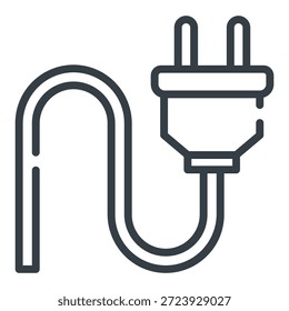 Die Befestigung ist ein einfaches Line-Art-Icon eines elektrischen Steckers mit einem gekrümmten Kabel. Der Stecker hat oben zwei Zinken, und das Kabel bildet eine lose Schlaufe, bevor es nach unten läuft. Dieses Symbol steht normalerweise für Strom, Konnektivität, Aufladung oder elektrische Geräte.