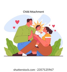 Teoría del apego. Estilo de adjunto seguro en la relación de padres y hijos. Influencia de los padres en la personalidad del niño. Feliz familia, hombre, mujer y niño. Ilustración vectorial plana