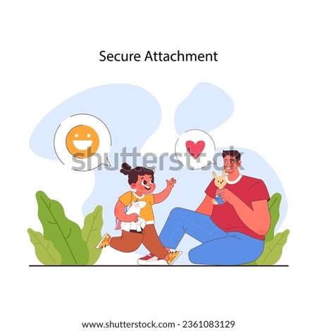 Attachment theory. Secure attachment style in parents and kid relationship. Parenting influence on child personality. Happy loving father and child. Flat vector illustration