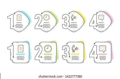 Attachment, Time and Like icons simple set. Heart sign. Attach document, Office clock, Thumbs up. Like rating. Infographic timeline. Line attachment icon. 4 options or steps. Vector