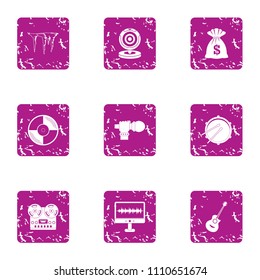 Attachments to music icons set. Grunge set of 9 attachments to music vector icons for web isolated on white background