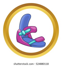 Attachments for a snowboard vector icon in golden circle, cartoon style isolated on white background