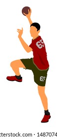 Attack action handball player jumping and shut ball in goal vector illustration. Elegant body sport figure. Athlete man jump and shooting penalty in goal. Sport man handball. Boy on training.