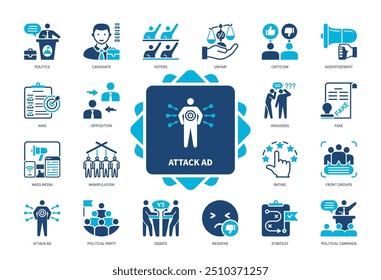 Conjunto de ícones do anúncio de ataque. Candidato, Insinuação, Classificação, Negativo, Mídia De Massa, Debate, Eleitores, Grupos De Frente. Ícones sólidos de cor duotônica