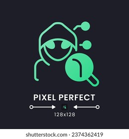 Attack analytics green solid gradient desktop icon on black. Information security. Threat intelligence. Pixel perfect 128x128, outline 4px. Glyph pictogram for dark mode. Isolated vector image