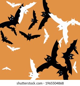 Attack Creepy Spooky Chaos Art Flying Bats Fabrics. Scary Grey White Orange Modern Style Background. Motion Funny Print Bats Vector Background. Light Retro Black Faces Halloween Modern Design.