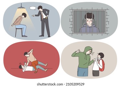 Attack crime and punishment concept. Set of criminals thieves robbers attacking people getting arrested in jail abusing people victims hitting them back trying to self defend vector illustration 