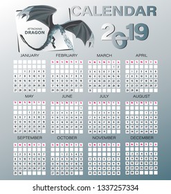 ATTACK DRAGON. Calendar for 2019. Mythical animal. Hand drawing dragon with the inscription. Week starts with sunday. Set 12 months.