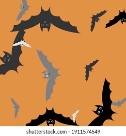 Attack Funny Retro Spooky Art Flying Bats Fabrics. Orange Print Chaos Grey Modern Style Simple Art. White Creepy Motion Bats Vector Background. Silver Scary Light Black Halloween Art Illustration.