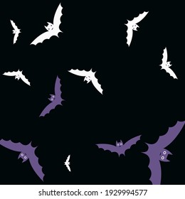 Attack Gothic Sky Retro Grey Bats Vector Design Pic. Scary Eyes Print Colorful Background. Spooky Creepy Black Night Flying Bats Art Pattern. Purple Violet Motion White Halloween Modern Design.