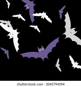 Attack Gothic Violet Eyes Flying Bats Art Pattern. Sky White Grey Purple Scary Bats Vector Design Pic. Motion Retro Night Creepy Halloween Art Illustration. Colorful Print Black Spooky Background.
