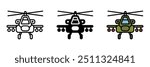 Attack Helicopter Icon, A heavily armed helicopter designed for ground attack missions, providing air support, reconnaissance, and anti-armor capabilities.