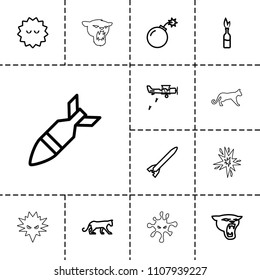 Attack icon. collection of 13 attack outline icons such as panther, bacteria, bomb, rocket bomb, military plane, dynamite. editable attack icons for web and mobile.