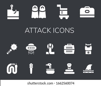 attack icon set. 14 filled attack icons.  Simple modern icons such as: Phishing, Fins, Carrier, Snake, Weapon, Weapons, Ufo, Cobra, Shark, Stun gun