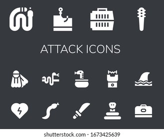 attack icon set. 14 filled attack icons. Included Snake, Phishing, Carrier, Weapons, Defibrillator, Fins, Stun gun, Shark icons