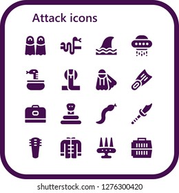  attack icon set. 16 filled attack icons. Simple modern icons about  - Fins, Snake, Shark, Ufo, Cobra, Carrier, Weapon, Weapons, Wushu