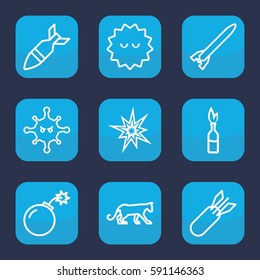 attack icon. Set of 9 outline attack icons such as panther, bacteria, bomb, rocket bomb, dynamite