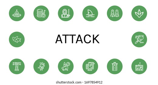 attack icon set. Collection of Ufo, Cyber attack, Fencer, Shark, Fins, Claws, Stun gun, Zombie, Online robbery, Ddos, Phishing, Spyware icons