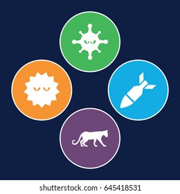 Attack icons set. set of 4 attack filled icons such as panther, bacteria