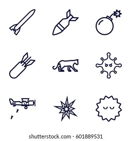 attack icons set. Set of 9 attack outline icons such as panther, bacteria, bomb, rocket bomb, military plane