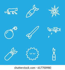 Attack icons set. set of 9 attack outline icons such as panther, bacteria, bomb, rocket bomb, military plane, dynamite