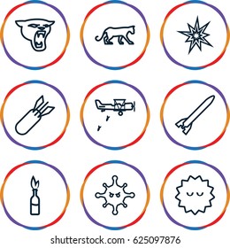 Attack icons set. set of 9 attack outline icons such as panther, bacteria, rocket bomb, military plane, dynamite