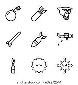 Attack icons set. set of 9 attack outline icons such as panther, bacteria, bomb, rocket bomb, military plane