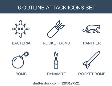 attack icons. Trendy 6 attack icons. Contain icons such as bacteria, rocket bomb, panther, bomb, dynamite. attack icon for web and mobile.