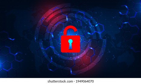 Concepto de fuga de información y ataques.Apertura de color rojo padlock sobre gráficos geométricos hexagonales azul oscuro.Destrucción Ilustración vectorial 3d virtual.