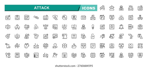 Attack line icon set. Set of cyber attack icons. Gradient style icon bundle. Vector Illustration. It contains symbols to hack, hacker, crime, fraud, cyber. Editable vector stroke.