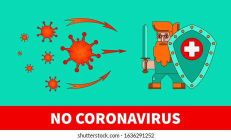 Attack of a new strain of coronavirus (2019-nCOV). In the illustration, humanity is represented as a war with a sword and a shield.