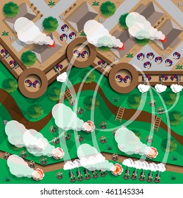 Attack on the fortress. View from above. Vector illustration. 