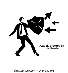 Attack protection. Black silhouette businessman hold shield defending from attacks. Reflection impact. Vector illustration flat design. Isolated white background. Series of successful business people.