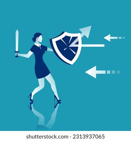 Attack protection. Businesswoman holds a shield defending from attacks. Reflection impact. Vector illustration flat design. Isolated on white background. Series of successful business people.