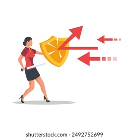 Attack protection. Businesswoman holds a shield defending from attacks. Reflection impact. Vector illustration flat design. Isolated on white background. Series of successful business people.