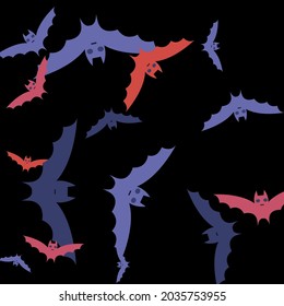 Attack Retro Spooky Print Halloween Art Illustration. Purple Colorful Red Eyes Night Bats Vector Background. Black Creepy Chaos Pink Wallpaper. Motion Sky Gothic Scary Art Flying Bats Fabrics.