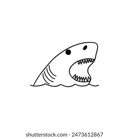 Attack of shark, breaching the surface with mouth open on a white background, handmade cartoon style. Vector. linear style