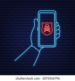 Attack. Smartphone with speech bubble and skull and crossbones on screen. Threats, mobile malware, spam messages neon. Vector stock illustration