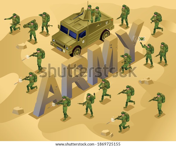 Attack Soldiers of\
Modern Army and isometric word Army illustration isometric icons on\
isolated background