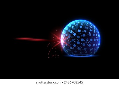 Attack the Spherical Blue Defense Shield. Virus protection in cyberspace. Vector design with a spherical shield depicting technological protection against pathogens on an isolated black background.