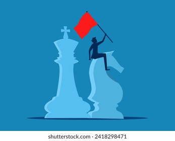 Attack strategy concept. Businessman riding a chess knight holding a red flag 