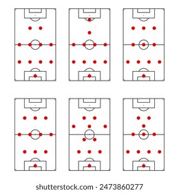 Tácticas de ataque fútbol, posición de jugador, conjunto de esquemas. Vector de meta de ataque táctico, ilustración del entrenador del equipo, estrategia y Plan para ganar, competencia de instrucción de esquema