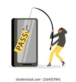 Attacker hacker pulls out the user password for accessing private information. Information security and cyber crime, flat vector illustration isolated on white background.