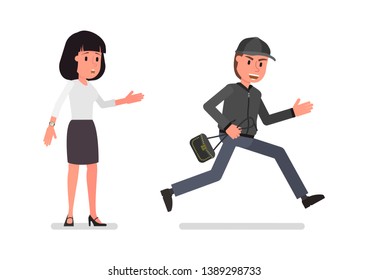 The attacker stole a girl's handbag. Vector illustration, flat style drawing. Vector illustration, flat style drawing. Isolated on a white background.